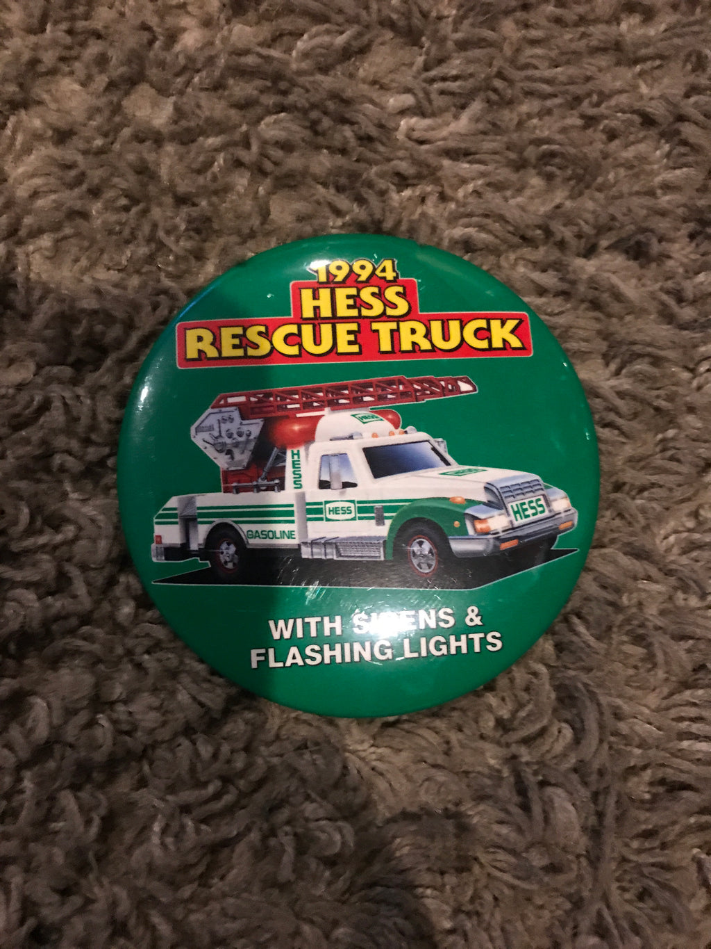 1994 Hess Rescue Truck w/ Sirens & Lights 3" Pin Back Button - Aj Collectibles & More