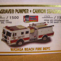 CODE 3 WASAGA BEACH, ONTARIO FIRE DEPT. SEAGRAVE ENGINE WITH SHIPPING SLEEVE - Aj Collectibles & More